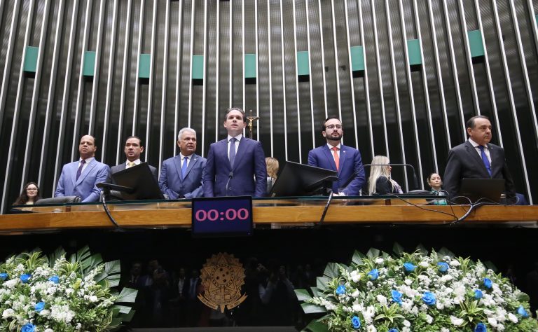 O presidente da Câmara, Hugo Motta, participou da solenidade.
